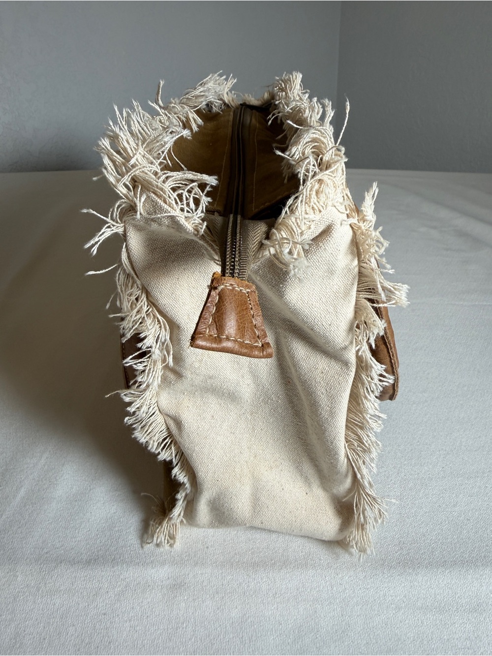 Myra Bag Upcycled Canvas Graphic Tote with Leather Handles and Fringe - Picture 3 of 12